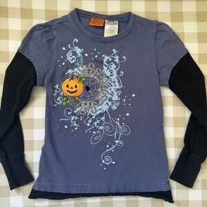 Vintage Halloween Spooky Pumpkin Spider Kids Shirt - Blue & Black Medium Y2K